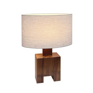 Large walnut table lamp, oval linen shade, modern simplicity, handmade &quot;Nomad&quot; style