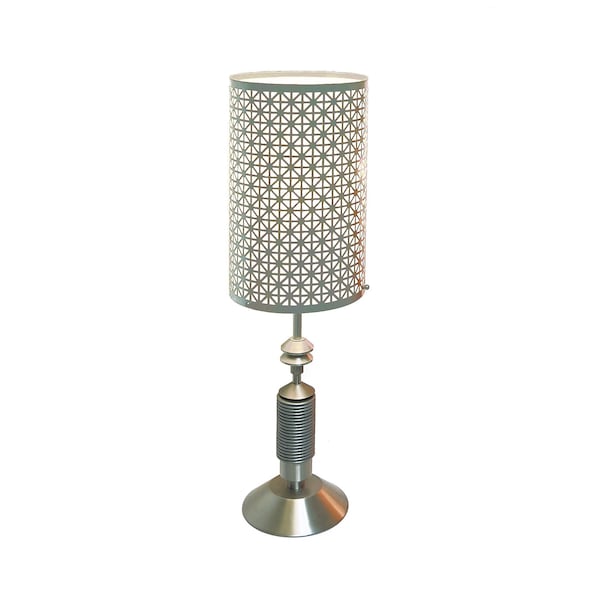 Modern all metal table lamp, nickel base and aluminum Union Jack perf shade