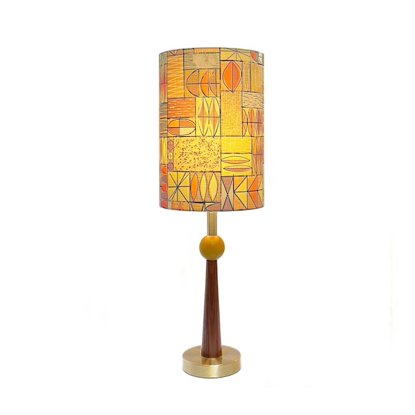 Tall retro gold Tiki table lamp, brass, walnut, midcentury style