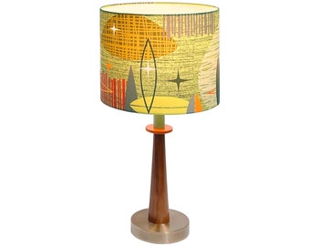 Midcentury Atomic table lamp, retro green shade, walnut and bronze base, new