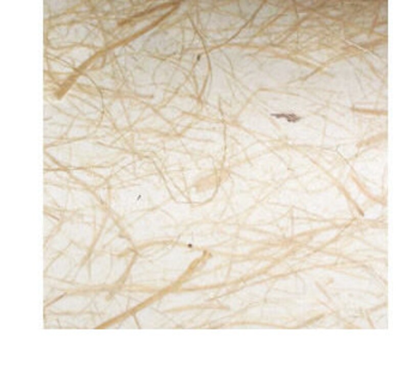 May include: Close-up of handmade paper with a natural, organic texture. The paper has a creamy white base with interwoven strands of tan fibers, creating a unique, rustic appearance. The fibers are irregularly distributed, adding to the paper's artisanal quality.