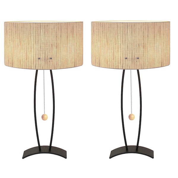 Modern table lamp, bedside lamp, sold individually, oval "willow" woven shade, convenient pull chain switch.