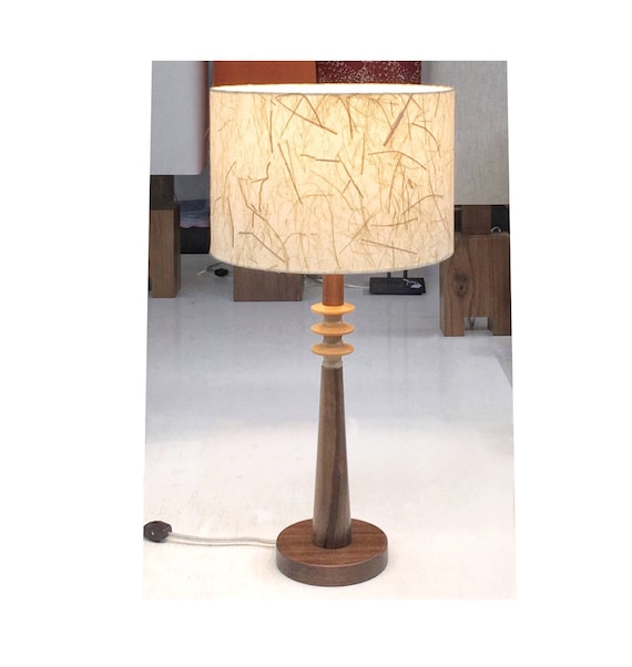 Mid Century modern table lamp, walnut base, natural ricepaper shade