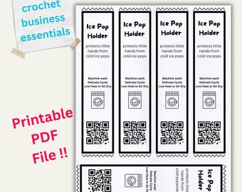 May include: Four printable labels for ice pop holders. Each label is white with black text and a black and white illustration of a washing machine. The text on the label reads "Ice Pop Holder" and includes care instructions: "Machine wash Delicate Cycle Low Heat or Air Dry".