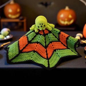 Baby’s First Halloween Lovey – Plush Spider Crochet Web Blanket | Spooky Baby Gift | Nursery Keepsake