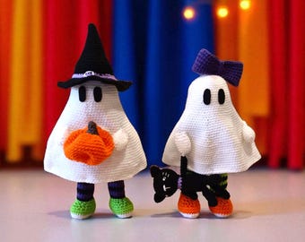 XL Crochet Ghost Sculpture: Halloween Decor with Cat or Pumpkin