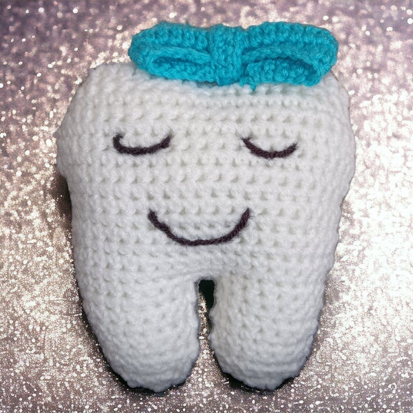 Tooth Fairy Pillow w Blue Bow - Sammy Kay Crochet Childs Lost Tooth Pillow Plushie Dentist Reward First Tooth Gift Keepsake Baby Box Storage