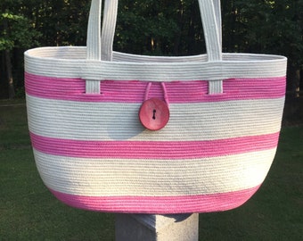 Coiled Rope Shopper-Pink and White Shopper Tote-Dyed Rope Pink Shopper-Shoulder Bag-Striped Pink and White Bag-Lined Bag-Gifts for Her-Tote