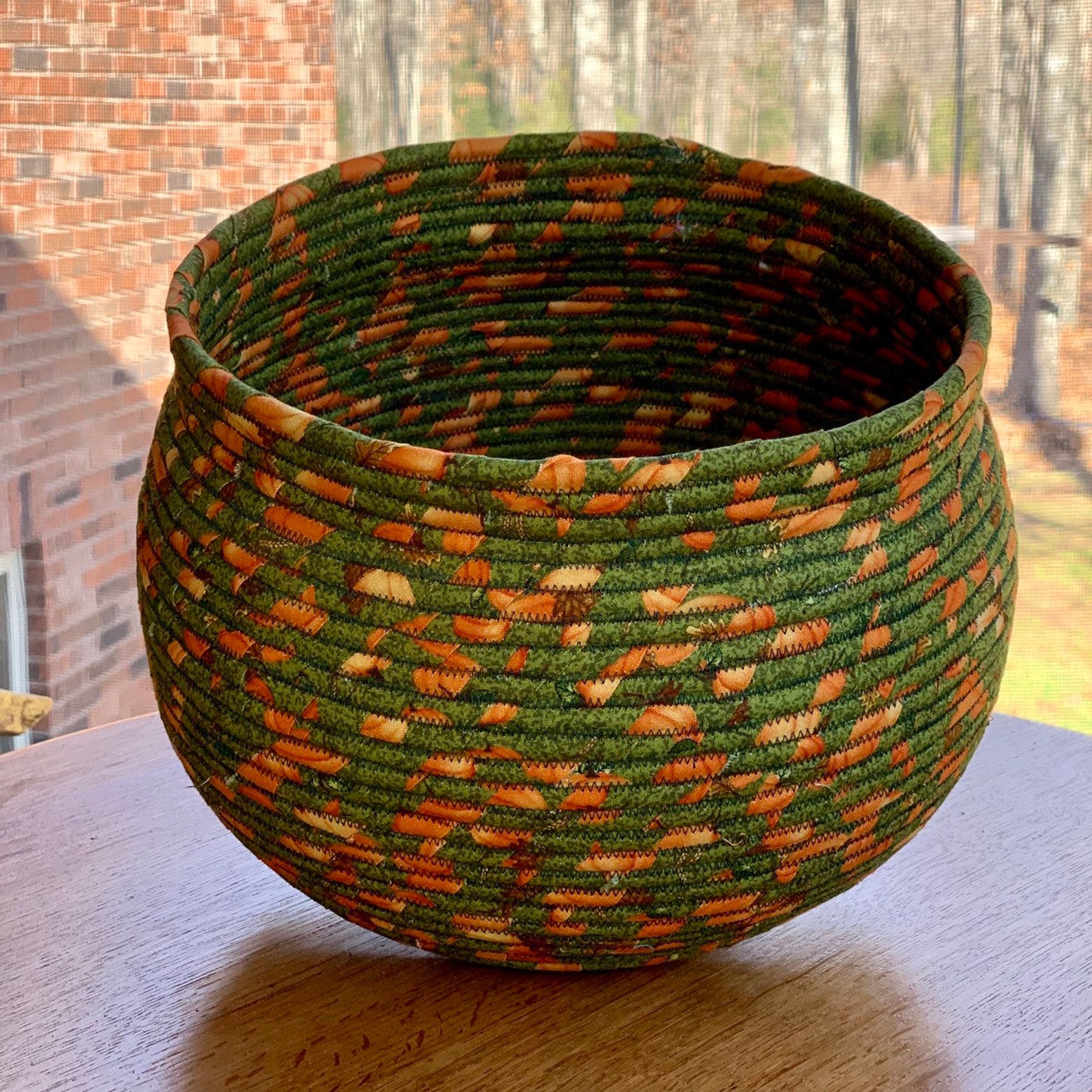 Fabric Wrapped Coiled Rope Basket, Fall Basket, Coiled Rope Wrapped