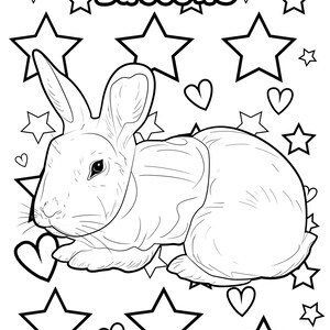 Może przedstawiać: Czarno-biała ilustracja kr&oacute;lika otoczonego gwiazdami i sercami. Słowo "Buttons" jest napisane nad kr&oacute;likiem. Odpowiednie do kolorowanek lub projekt&oacute;w rzemieślniczych.