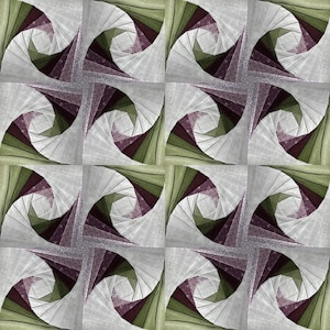 May include: A quilt block pattern featuring a repeating spiral design composed of fabric strips in shades of white, sage green, olive green, and deep plum. The geometric arrangement creates a swirling effect across sixteen square segments.