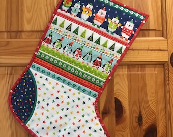 Christmas Stocking, Reuseable Christmas Stocking, Polar Bear Christmas Stocking, Blue Xmas Stocking, Penguin Stocking, Christmas Tree Stocki