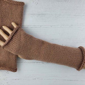 Mocha Brown Fingerless Gloves. Knitted Hand Warmers. Long Wrist Warmers. Computer Gloves