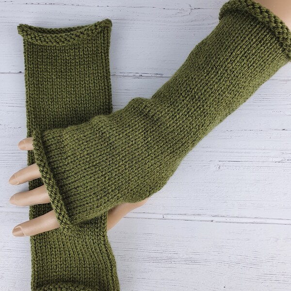 Khaki Green Fingerless Gloves.  Knitted Hand Warmers. Long Wrist Warmers