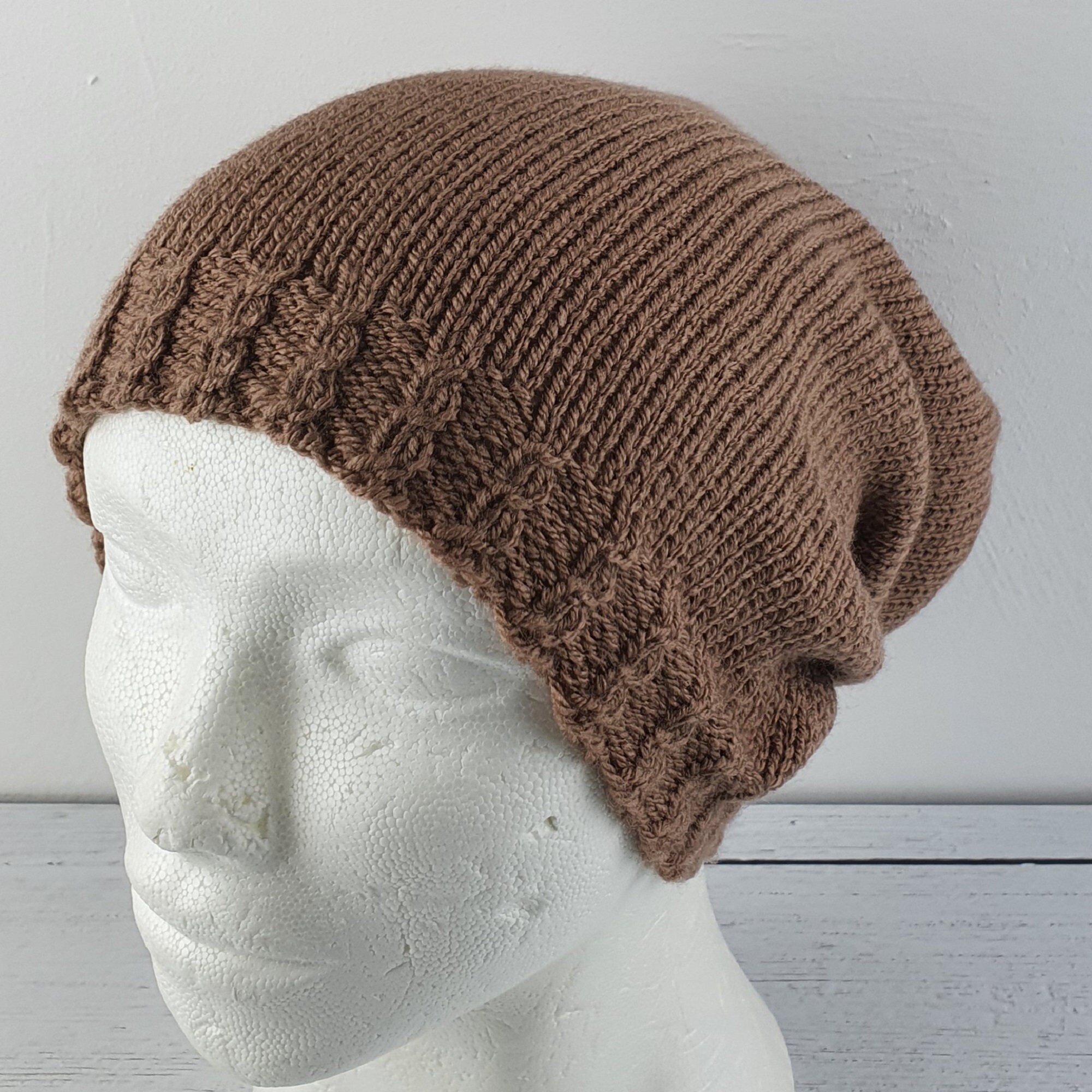 Knitted Caps Pattern Slouchy Hat Knitting Pattern. Men's Womens Knitted Slouchy Beanie Skull ...