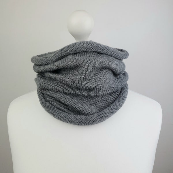 Grey Cowl. Women's or men's knitted, lightweight snood / infinity neck warmer in soft acrylic yarn