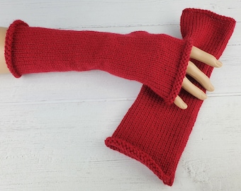 Red Fingerless Gloves. Knitted Hand Warmers. Long Wrist Warmers