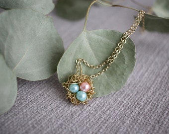 Gold Bird Nest Necklace, three pearls, pink, birthstone, customize , Mother's Day,