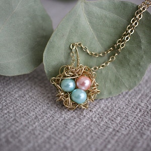 Gold Bird Nest Ketting, drie parels, blauw, roze, geboortesteen, aanpassen , Moederdag,