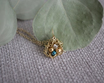Mini Gold Bird Nest Necklace, Pearl Birthstone Jewelry