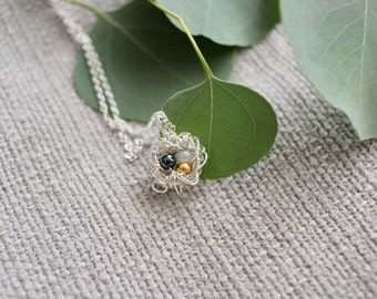 Mini Silver Bird Nest Necklace, three pearls, gold, white, navy, birthstone, customize , Mother's Day,