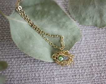 Mini Gold Bird Nest Necklace, two pearls, opaque lavender, green, birthstone, customize , Mother's Day,