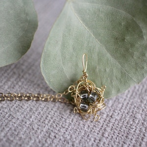 Mini Gold Bird Nest Necklace, three pearls, opaque gray, birthstone, customize , Mother&#39;s Day,