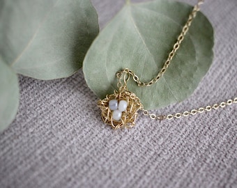 Mini Gold Bird Nest Necklace, three pearls, opaque lavender, white, birthstone, customize , Mother's Day,