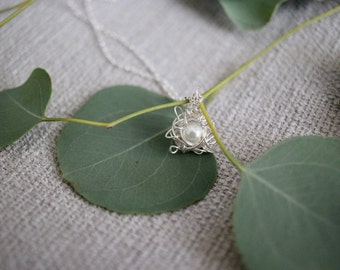 Silver Bird Nest Necklace single white pearl, birthstone, customize , Mother's Day,