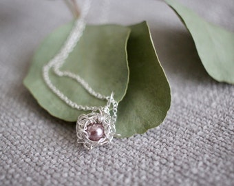 Silver Bird Nest Necklace, single pearl, lavender, birthstone, customize, Mother's Day,