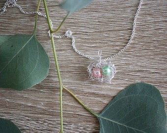 Silver Bird Nest Necklace, tow pearls, green/pink, birthstone, customize, Mother's Day,