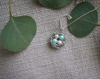 Silver bird nest necklace, four pearls, blue, pink, birthstone, customize, Mother's Day,