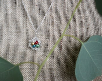 Mini Silver Bird Nest Necklace, Birthstone Pearl Accents, Mother's Day Gift