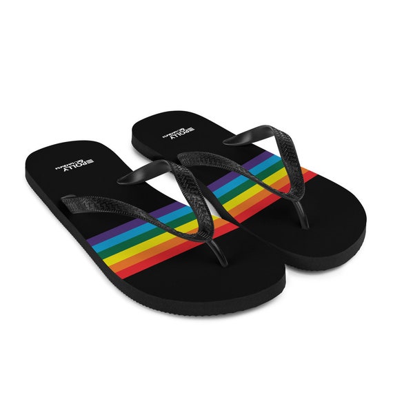 black rainbow flip flops