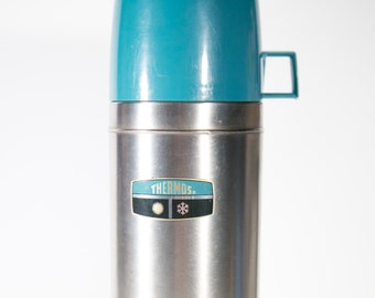 Vintage Silver and Blue King Seely Thermos with Stopper and Cup