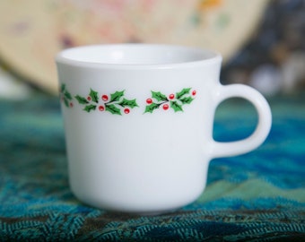 Cute Small Christmas Corning Holly Berry Mug - Holiday Milk Glass - Free Shipping!