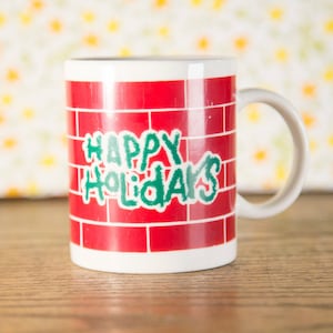Neat 1988 Graffiti &quot;Happy Holidays&quot; Brick Wall Christmas Mug - FREE Shipping!