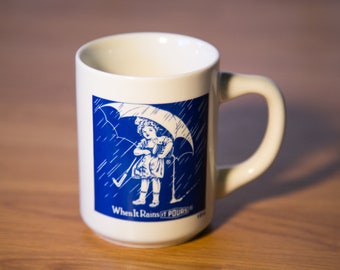 Morton Salt Girl - When It Rains, It pours! Classic White and Blue Coffee Mug 1914 Version - Free Shipping!