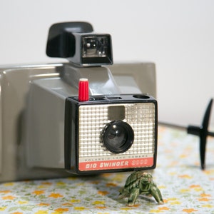 May include: A gray Polaroid Land Camera with a red button and a black lens. The camera is labeled "Big Swinger 3000" and is sitting on a floral patterned surface.