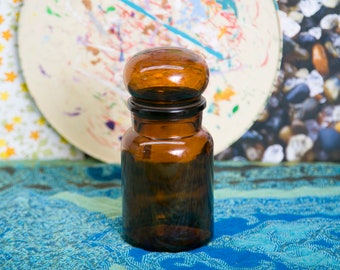 Vintage Amber Glass Apothecary Jar - Bubble Lid Container