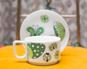Groovy Green Mushroom & Butterfly Ceramic Coffee Mug and Saucer - Free Shipping