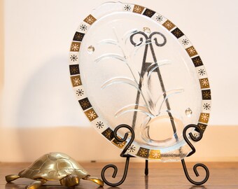 Inland Glass Atomic Snowflake Serving Platter - Great Condition! Clear, White, Black and Gold Mid Century