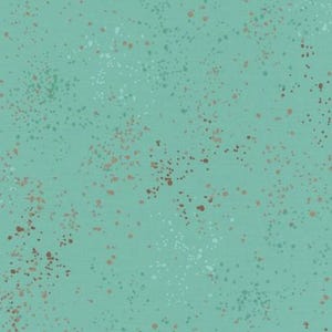 May include: A teal fabric with a speckled pattern. The fabric has a textured appearance, with small dots of white, brown, and teal scattered across the surface. The overall effect is a subtle, organic design suitable for various craft projects.