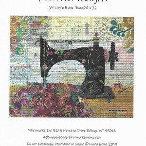 May include: A black and white illustration of a vintage sewing machine with a floral design. The image is titled "Featherweight" by Laura Heine and is 26 inches by 32 inches.