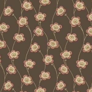 May include: A repeating pattern of stylized flowers on a brown background. The flowers have cream-colored petals with red edges and yellow centers. The stems are a light beige color, creating a flowing, organic design.
