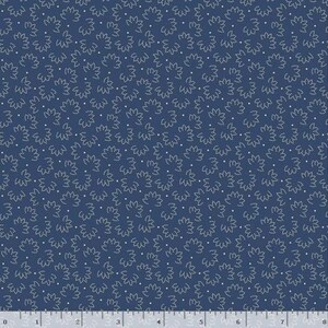 May include: A navy blue fabric with a repeating pattern of stylized, dotted floral shapes. Small white dots are interspersed between the floral designs. The fabric is suitable for quilting, sewing, or other craft projects.