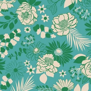 May include: A teal floral pattern featuring large, stylized flowers in cream and green. The design includes various flower types, leaves, and smaller blossoms, creating a vibrant and detailed botanical print.