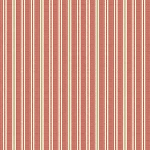 May include: A fabric with a vertical stripe pattern. The stripes alternate between a muted red, white, and a light tan color. The fabric has a textured appearance, suggesting a woven material.