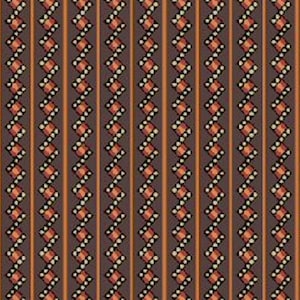 May include: A repeating pattern featuring vertical stripes in a dark brown hue. Alternating with the stripes are rows of orange diamonds and white dots. The design has a vintage or retro aesthetic.