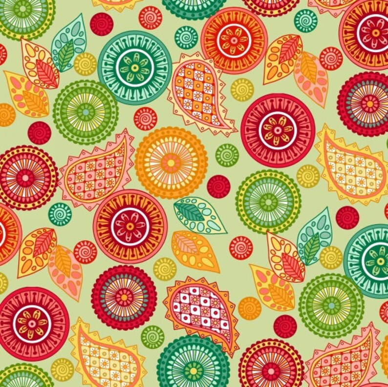 May include: A seamless pattern featuring a variety of colorful, stylized floral and paisley elements. The design includes red, orange, yellow, green, and blue shapes on a light green background. The pattern is composed of circular and teardrop shapes.